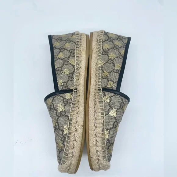 Gucci Beige Natural GG coated canvas black leather trim bee espadrille 38.5 - Picture 3 of 8